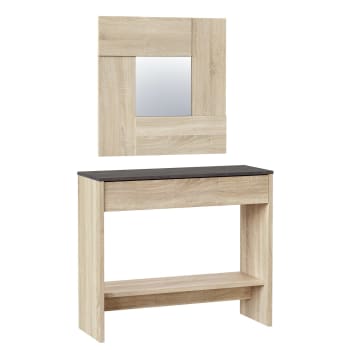 PABLO - Mueble recibidor 1 cajón + espejo, color roble y óxido, 92 cm ancho