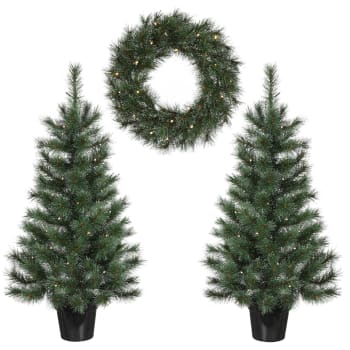 Glendon - 2 alberi di Natale artificiali e 1 corona di Natale con led