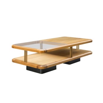 Randy - Table basse rectangle double plateau en chêne en verre et pieds noirs