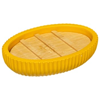 Porte savon polyrésine jaune et bambou - 12.5x9x2.5cm