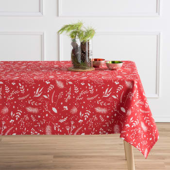 Family rojo - Tovaglia rosso cotone stampato con trattamento antimacchia  140x140 cm