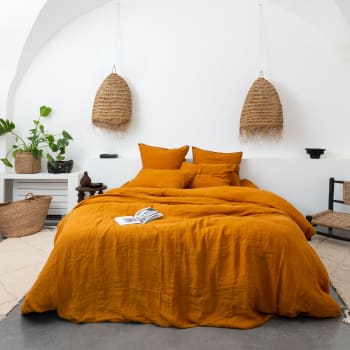 Songe - Housse de couette lin et coton lavé uni orange 140 x 200 cm