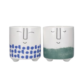 Macetero de cerámica caras 2 piezas blanco, azul, verde