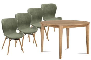 Table ronde extensible pieds fuseau D105 + 4 chaises tissu vert