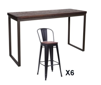 Nevada - Table et chaises hautes en bois massif foncé et acier gris L 180
