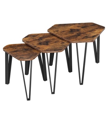 set di 3 tavoli estraibili con gambe in acciaio e in legno rustico