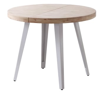 Matika - Table repas ronde extensible bois et acier blanc