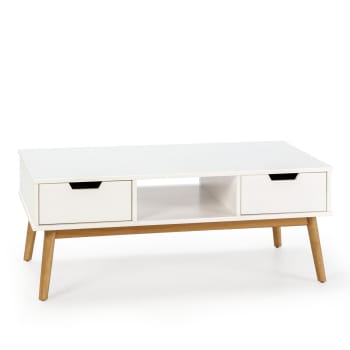 BAKU - Table basse blanc, fabriqué en bois de pin massif, 2 tiroirs, 110 cm