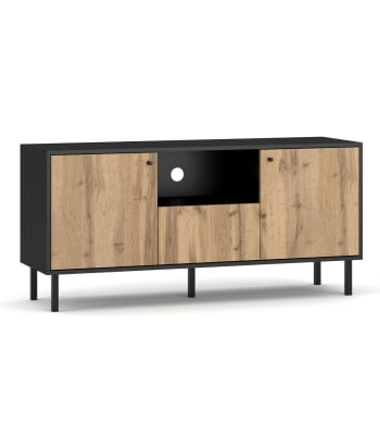Bospe - Mueble de tv 2 puertas 1 cajón acabado roble y negro - 140 cm