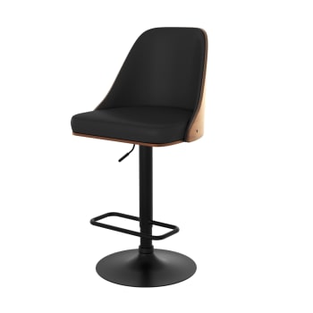 Georges - Chaise de bar réglable et pivotante en bois foncé et PU noir 56/77 cm