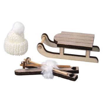 Décoration de Noël et hiver - Luge, skis, bonnet en bois