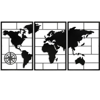 Wanddekoration Triptychon Weltkarte aus Metall, 120x60 cm, schwarz