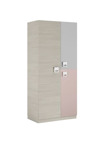 Dgorett - Armoire 3 portes et 3 étagères effet bois gris et rose