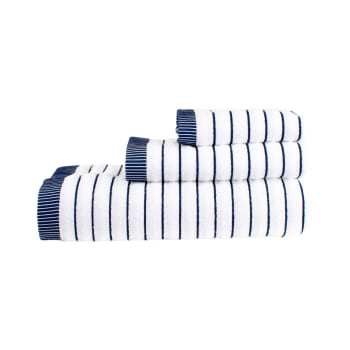 RAYAS FM - Juego de toallas de 3 piezas 600 gr/m² de color blanco con rayas azul