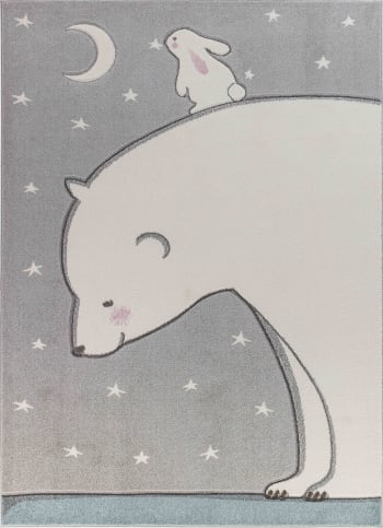 Tapis Enfant - Ours sous Nuit Étoilé - Blanc et Gris - 120x170cm