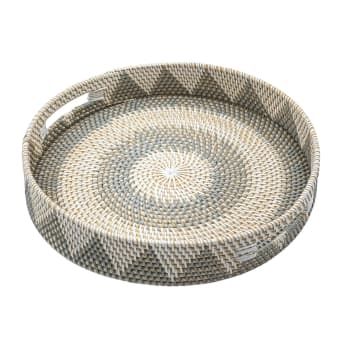 Mulia - Plateau rond en rotin gris et blanc 40 cm