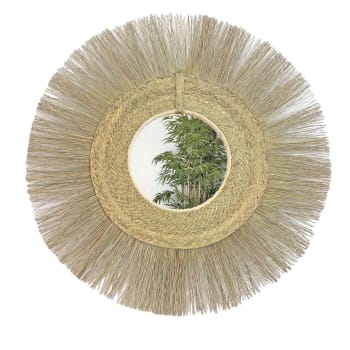Mahon - Espejo decorativo de esparto con flecos 80 cm