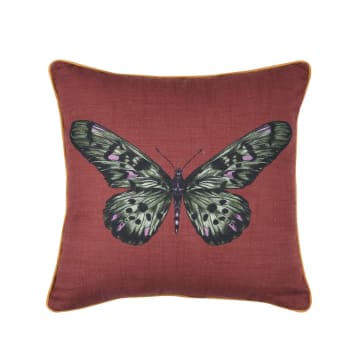 Coussin déhoussable imprimé papillon coton prune 40x40 cm