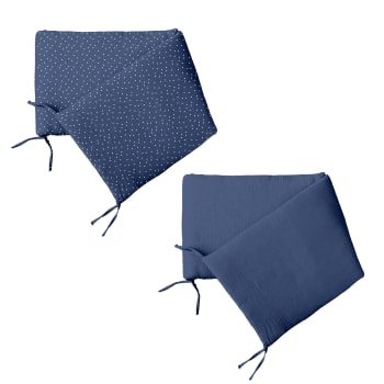 Tour de lit réversible à pois en gaze de coton bleu foncé 40x180 cm