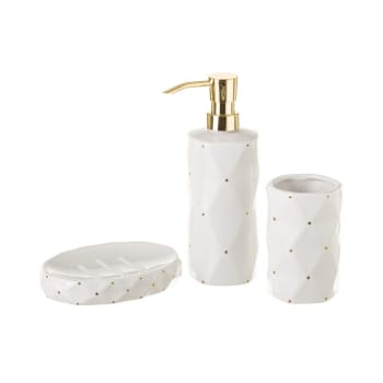Set salle de bain céramique blanche à pois dorés 3 pièces
