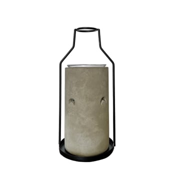 UNA - Brûle parfum en métal Vase noir et ciment gris mat - H18,5 cm