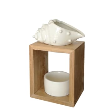 SHELL - Brûle parfum en bambou et Coquillage en céramique blanc - H16 cm