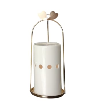 CINCO - Brûle parfum en métal Cage à oiseau doré et céramique blanc - H21 cm