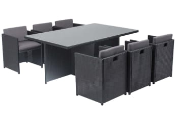 Miami - Table et chaises 6 places encastrables en résine noir/gris