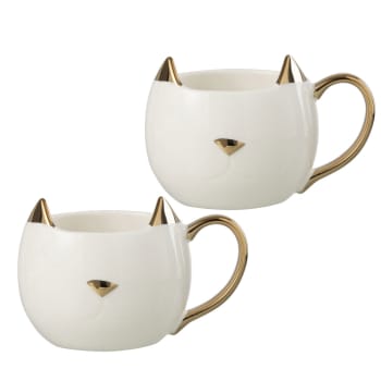 Set de 2 mugs chats en porcelaine blanche et or
