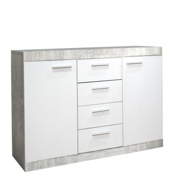 LEWIS - Aparador 2 puertas 4 cajones 120 cm en blanco y gris