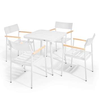 Bristol - Ensemble table de jardin et 4 fauteuils en aluminium/bois blanc