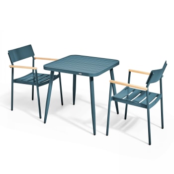 Bristol - Ensemble table de jardin et 2 fauteuils en aluminium/bois bleu canard