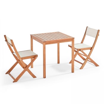 Sete - Ensemble table et 2 chaises pliantes en textilène et eucalyptus blanc