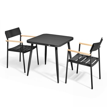 Bristol - Ensemble table de jardin et 2 fauteuils en aluminium/bois noir