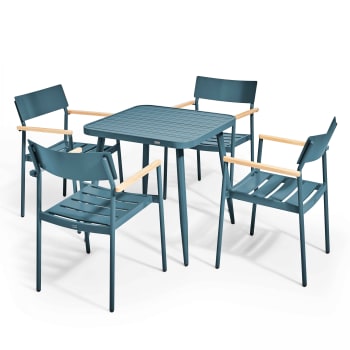 Bristol - Ensemble table de jardin et 4 fauteuils en aluminium/bois bleu canard