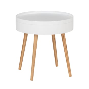 Fidji - Table d'appoint ronde avec 4 pieds, en mdf et bambou blanc