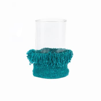 Sales - Bougeoir en verre et coton aqua 15x25