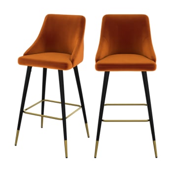 Aristote - Chaise de bar en velours orange 77.5 cm (lot de 2)