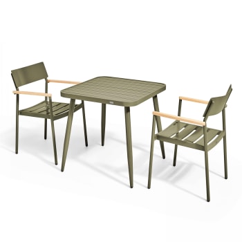 Bristol - Ensemble table de jardin et 2 fauteuils en aluminium/bois vert kaki