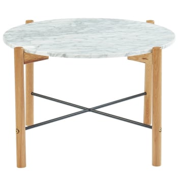 Anna - Table basse ronde 60 cm en marbre blanc et pieds en chêne