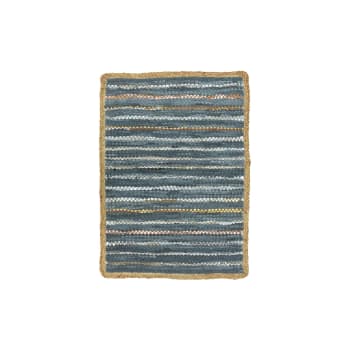 Asma - Tapis en cuir, jute et coton bleu et argenté 60x80cm
