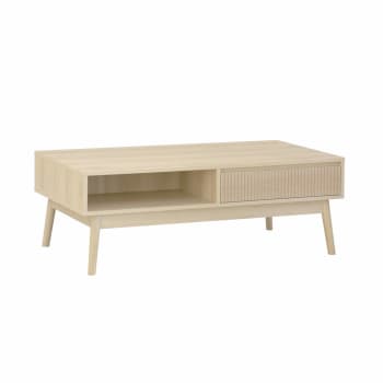Linear - Tavolino scandinavo, decoro in legno scanalato, 2 nicchie, 1 cassetto