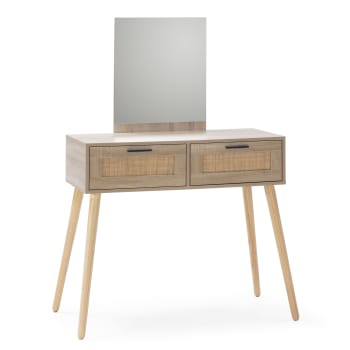 DALIA - Mueble recibidor 2 cajones + espejo, color roble, 90 cm ancho