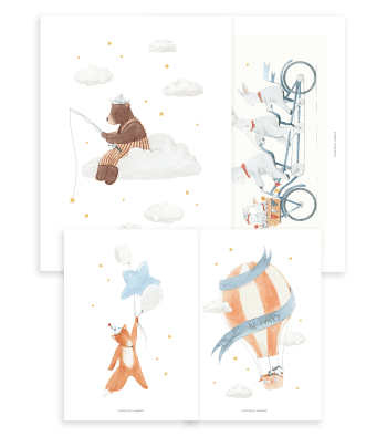 GENTLE FRIENDS - Set di 4 stampa artistica coniglio orso volpe mongolfiere 30 x 40 cm