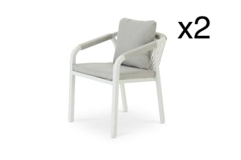 Maya - Lot de 2 fauteuils alu blanc et corde avec coussin beige
