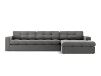 Divano Angolare In Tessuto Grigio Chesterfield - 6 Posti, Chaise Lunga A Destra, Gambe In Legno Scuro, Cuscini Imbottiti E Rivestiti, 280 Cm