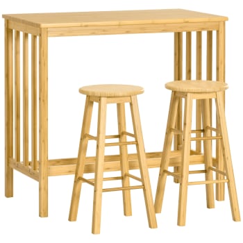 Ensemble table de bar 2 tabourets avec repose-pieds bambou verni