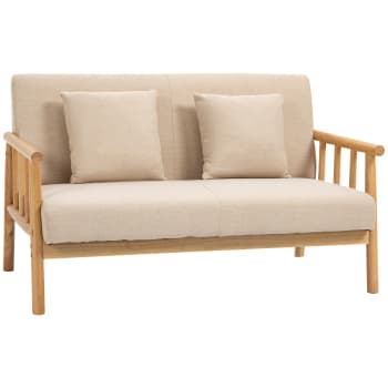 Canapé lounge 2 places avec coussins - bois hévéa aspect lin beige