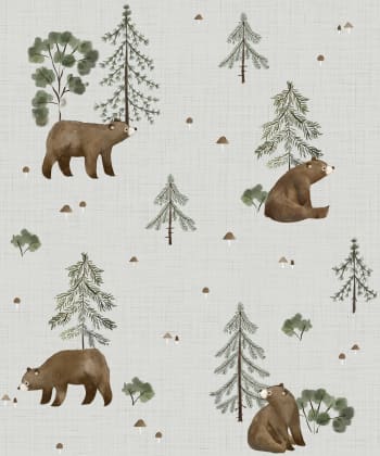 KHARU - Carta da parati intessuta stampa orso e montagna (50 cm x 10 m)