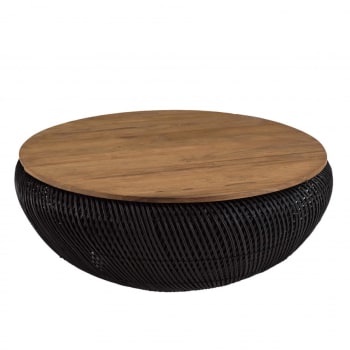 Alida - Table basse ronde en rotin noir plateau amovible D100